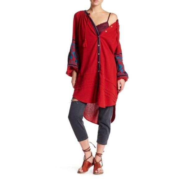 Free People In the Clear 100% Cotton Red Embroidered Shirt Tunic Dress - Picture 4 of 14